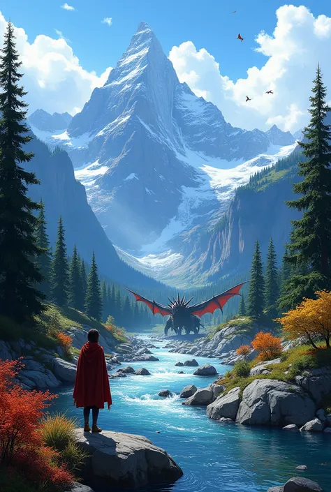 Hyperrealistic artwork, a picturesque mountain landscape with majestic snow-capped peaks under a bright blue sky, surrounded by dense pine forests. In the center, a crystal-clear river flows with rocky banks. In the foreground, a person in a red cloak stan...