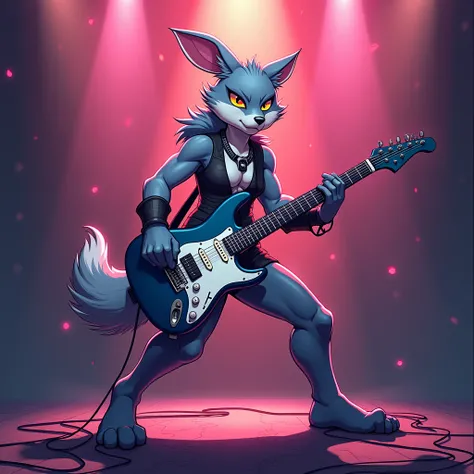 Full body pose, female full body pose, wolf-human like body, face of a bunny, playing a guitar on stage, in digital art cartoon anime style, flat colors only.