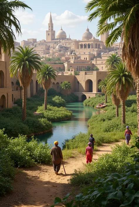 an oasis with an African city around it and people working on plantations around it