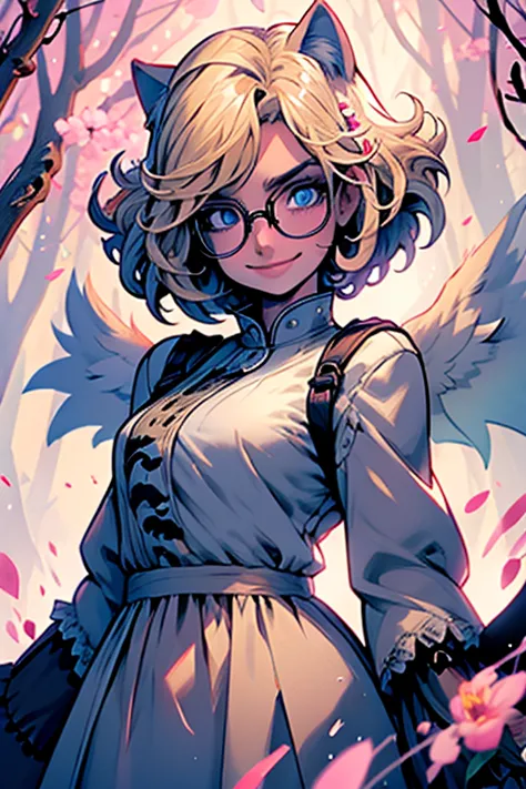 perfect face. perfect hands. a blonde haired woman with blue eyes and glasses and blonde cat ears and a cat tail and white wings...