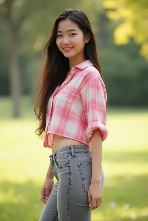 Full-length shot of a 28-year-old young woman outdoors.

The woman is positioned with her back slightly to the camera, allowing a clear view of her upper body and legs. She has long, dark brown hair that hangs down her back. She is wearing a pink and white...