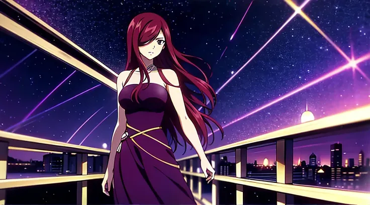 Erza,  one girl, Alone, long_poetry,  Medium breasts ,brown_eyes,red_poetry,poetry over one eye, Familiar,  looking at the viewer,  Purple dress,  ,   is a love on the neck , long skirt, The balcony of a palace from Central Eqron , Anime style, Great depth...