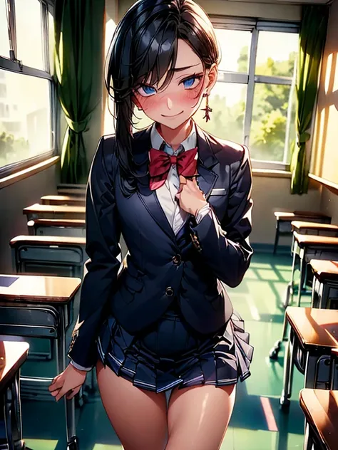 femboy, Beautiful crossdresser boy who cant hide his erection，high school student，Classroom，Beautiful boy with long black hair，(His erect penis is pushing up his skirt.)，smile,embarrassed，He is embarrassed and hides his face in his hands.，His skirt bulges ...