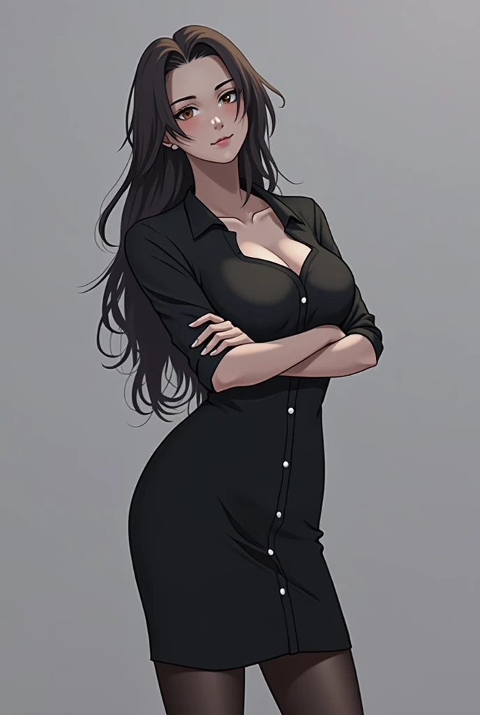 Pretty young adult girl with long dark brown hair with brown eyes with big breasts wearing a sexy black button down shirt and a sexy black skirt in the background of an empty room.(anime style.)