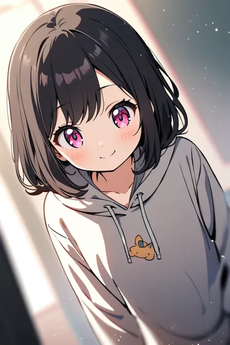 Anime Style, 1 girl has pink eyes,  black hair, smile, (Cute:1.33),( depth of field), ( flat chest), delicate,Refined,Quiet,Adorable, see correct anatomy,break, Super detailed,   with orange and white hair {x} in a hoodie ,  Facing forward , Smile and wink