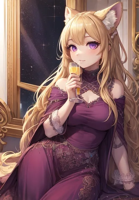 masterpiece, best quality, 1 girl, skinny body, pastel color, blonde hair, extra long hair, curvy hair, (perfect face), purple eyes, (perfect face), detailed eyes, deep purple long turtleneck dress, glitter dress, lace cape, gems, pearls embroidery, elegan...