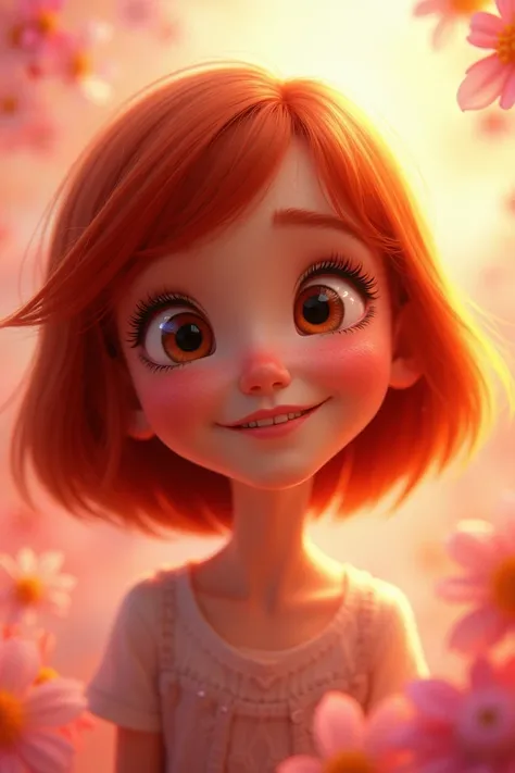 Pixar-like poster of a beautiful red-haired girl with short, straight hair