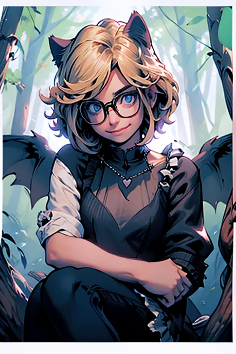 perfect face. perfect hands. a blonde haired woman with blue eyes and glasses and blonde cat ears and a cat tail and white wings...