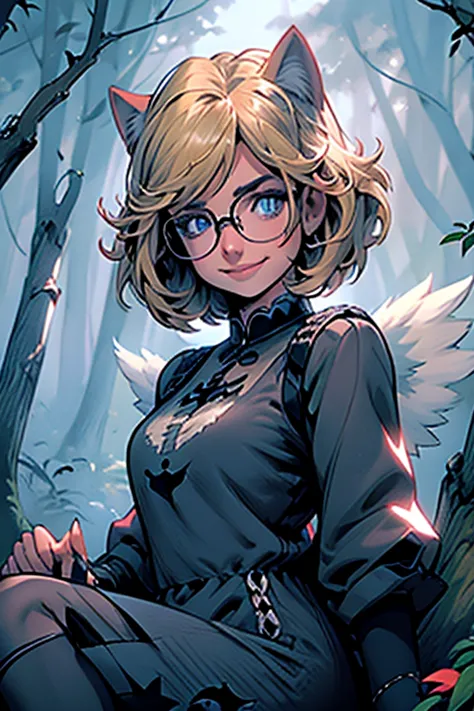 perfect face. perfect hands. a blonde haired woman with blue eyes and glasses and blonde cat ears and a cat tail and white wings...