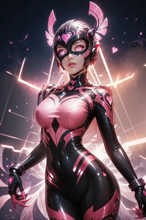 Ultraman Woman. （high quality）（luster）（(Black Face and red eyeline)）（Black and purple thema color. black helmet. A full-face helmet. Pink lines. Purple glowing mechanical eyes. The whole body is covered with a black bodysuit. Thick legs. Spike decoration. ...