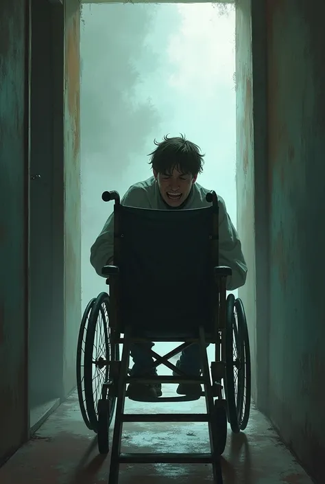  image of a person in a wheelchair trying to climb a ladder, You must have a distressed face ,  in the background there must be opaque colors but in variety  ,  that you are entering a building 