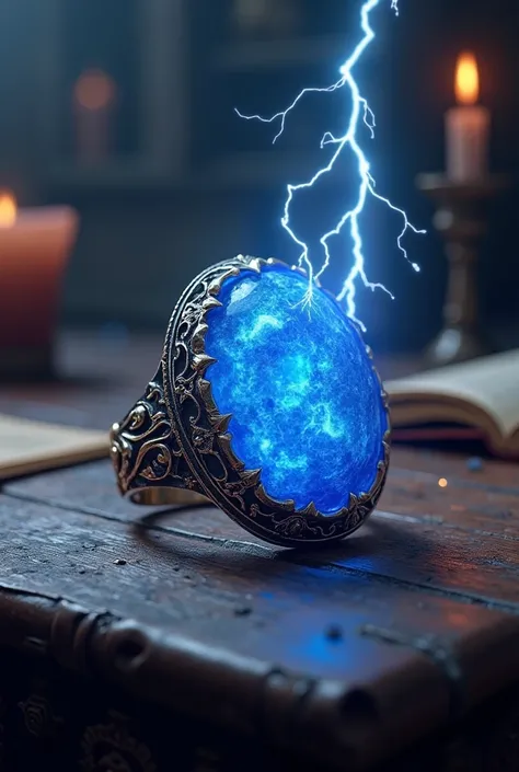 Create final fantasy style: a beautiful sapphire blue magic thunder ring with ornaments on a medieval table 