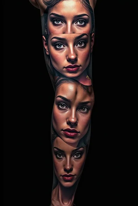 "Full sleeve tattoo design concept featuring hyper-realistic human faces, each finely detailed with intense expressions and subtle shadows to capture lifelike realism. The faces emerge from a deep black background, which serves as the primary negative spac...