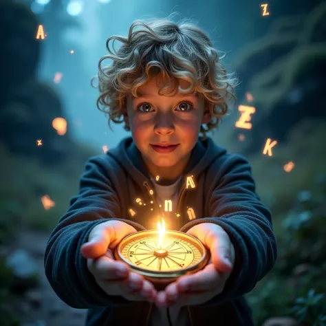  Photoidentical image 34 k ,

 “14-year-old boy with curly blond hair,  holding a glowing compass .  Bright light is pouring in the compass ,  in his hand illuminating the space around .  Holographic letters float in the air ,  creating a mystical atmosphe...