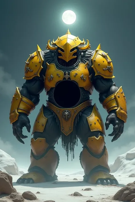 I would like a fat and strong creature with yellow and black coloration, featuring a carapace that resembles armor. It has a monstrous appearance, and its face is covered by a closed mask, revealing only a dark void where its eyes should be. It has strong ...