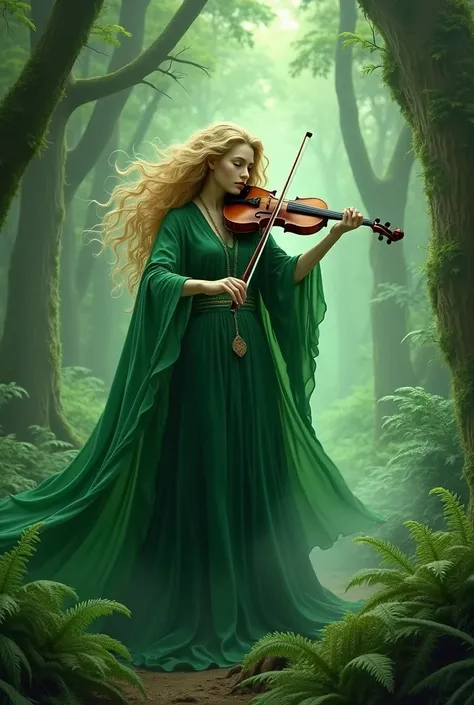 Blonde curly hair ,  green witch of death,ormanda,  playing violin in the forest ,