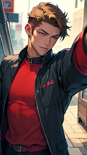 (( best quality)), ((masterpiece)), ( perfect face) , a handsome young man , a beautiful young man like an idol , hes extending one arm over here, he distorts his face in pain , he has short hair ,彼はRaincoatを着ている,He has a good physique ,((( a young and han...