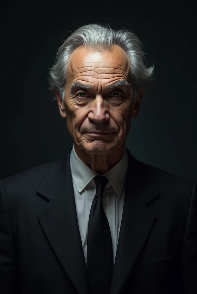 "Portrait of a 69-year-old man, wearing a classic-cut dark suit, with an impeccable white shirt and a discreet black tie. He has pale skin, with many fine wrinkles, especially around the eyes and mouth, which convey a life of wisdom and experience. His hai...