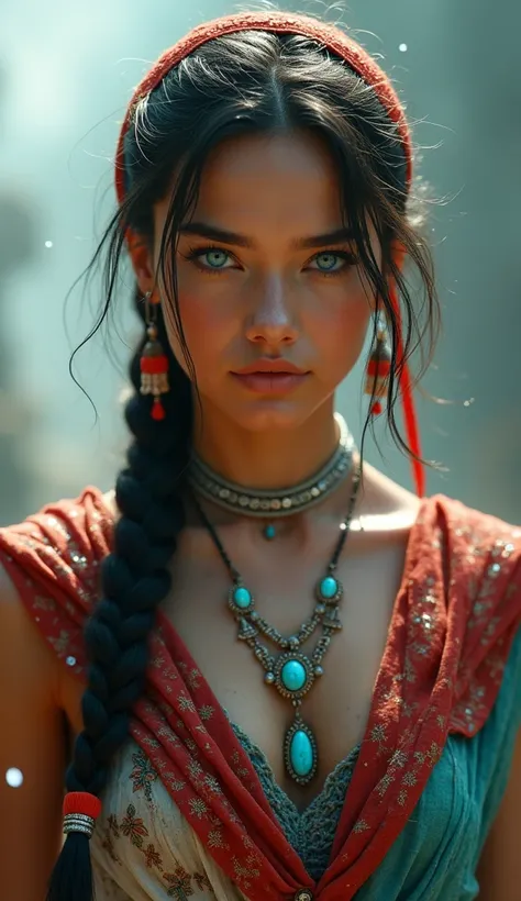 Full-length shot of a 20-year-old Caucasian female, blue eyes, hyper-realistic and surreal depiction of a young woman with a fierce yet enchanting gaze, set in a mystical, otherworldly landscape fusing tribal and fantasy elements. Her short, dark hair is m...