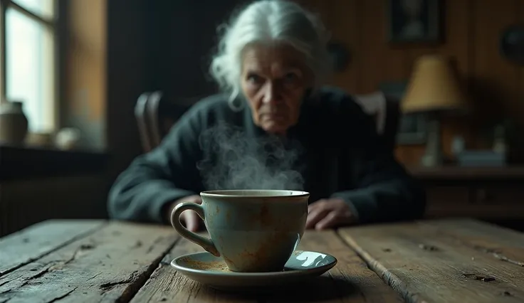 A close up of a steaming cup of coffee on an aged wooden table , In the background is a sinister old woman with a malicious expression and a penetrating dark look. atmosphere of fear and horror