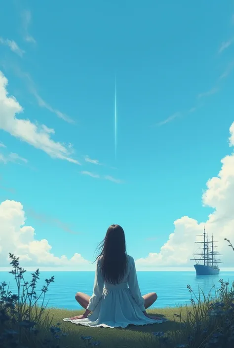 A realistic balance in the sky with a woman seated in front and an immense blue sky with some clouds in the background a huge ocean with a huge ship 