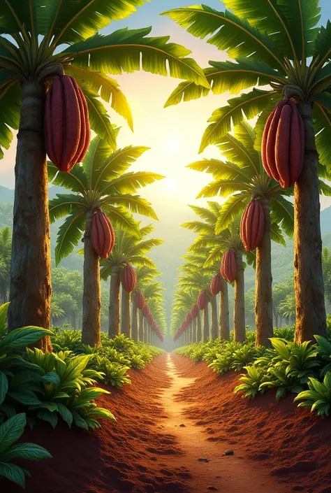 Realistic general plan of cacao plantations with bright sun