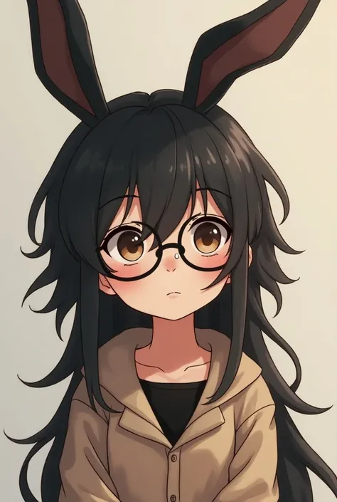 Anime style- A boy, brown skin, long black hair , distributed in half, brown eyes, Bunny girl, glasses, Black bunny ears, piercing no nariz, And in the eyebrow, fofo, femboy, FULL BODY