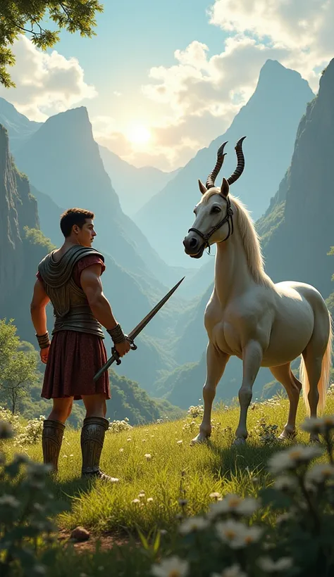 
"A young Achilles, muscular and determined, training with a wise centaur named Chiron. They are in a green meadow surrounded by mountains. Chiron, with the body of a horse and a human upper body, teaches Achilles the art of fighting and strategy. The sun ...