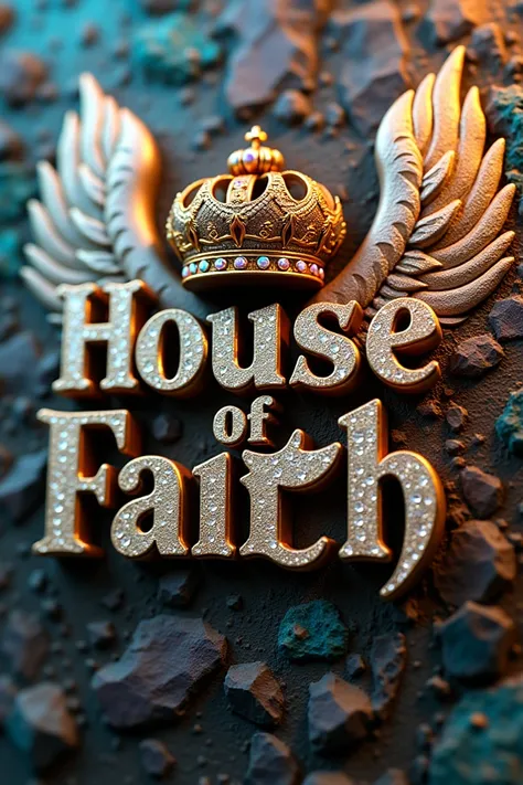 Elegant 3D typography with the name. "HOUSE OF FAITH MINISTRIES TECHIMAN CENTRAL" with an elegant crown and fine diamonds with sparkles of bright colors and angel wings, photo, typography, vibrantv0.1, graffiti, illustration, photo, product, fashion, 3d re...