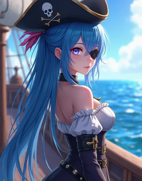 ((Super detailed, ultra hd, 8k, best quality, masterpiece, ultra realistic, perfect face, detailed eye, beautiful hands)) Anime girl, Blue Hair, Blue Eyes, Violet Pupil, Lighting Shape eye, Eyepatch, Pirate Outfit, Pirate Hat, Holding Bone Sword, Facing Aw...