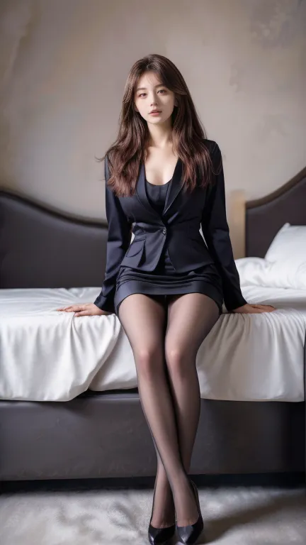 ((( masterpiece)))，((( 8K quality)))，Waist-length hair，( brown hair)， very beautiful women ， Japanese，40 years old，((( is wearing a business suit:1.5), (Shiny business suit, Shiny suit set,  business jacket for bedroom, Tight business skirt,  miniskirt tha...