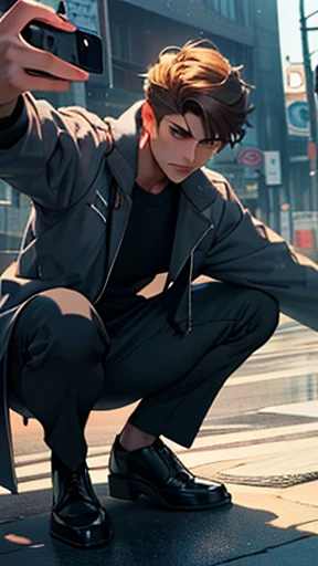 (( best quality)), ((masterpiece)), ( perfect face) , a handsome young man , a beautiful young man like an idol , hes extending one arm over here, he distorts his face in pain , he has short hair ,彼はRaincoatを着ている,He has a good physique ,((( a young and han...