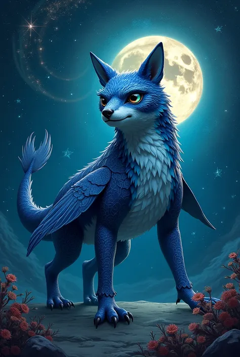 Alebrije,  wolf paws ,  shark body, whale,  owl ears , cat face , Mar, constellation, stars, twilight,  blue fur ,  blue eyes , acuatico