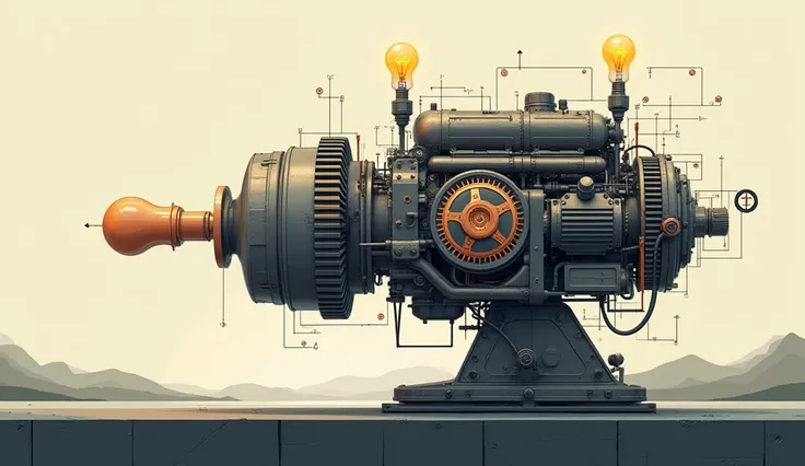 Show a visual metaphor of a powerful engine fueled by ideas, with cogs and gears representing innovation. Include symbols of entrepreneurship like a lightbulb, gears turning, and a horizon symbolizing forward momentum.

Negative Prompts:
No reference to cu...