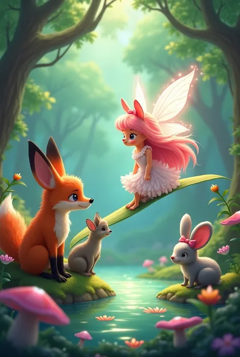 An orange fox ,  hairy, with black legs.  Cloud-white rabbit with pink and big ears . The LITTLE MOUSE IS small gray with pink and a RED RIBBON on her head.  These animals are in a magical forest ,  next to a pond FULL OF WATER with magic flowers and color...