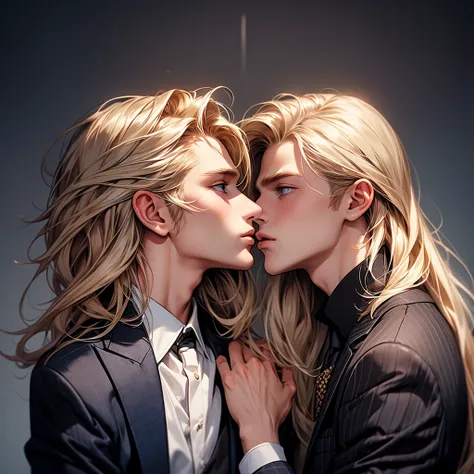 Two blond guys are kissing, one has long hair and weird clothes ,  the other has short hair and a business suit