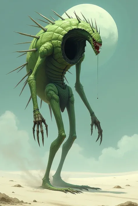  I would like a thin green creature ,  covered by a kind of armor,  even as if it were a shell , He is tall,  tilted forward half hunchback ,  a long mouth with sharp teeth ,  a black hole in the circular chest ,  long thin legs , thin arms, blades through...