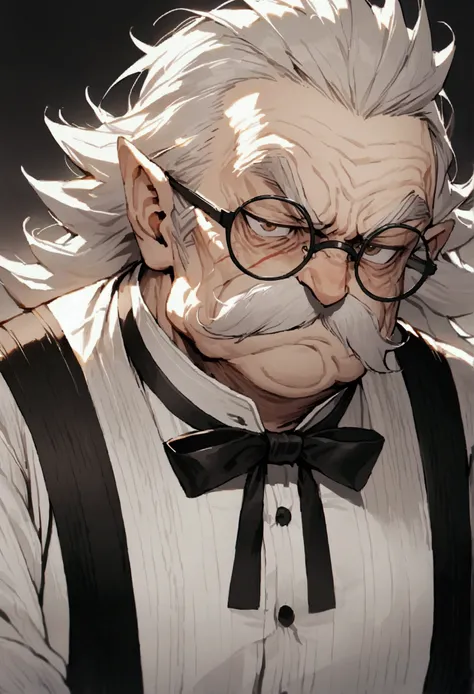 angry old man, scowling, sitting on a sofa, high res, very receded hair line, white hair, wrinkles, white collard shirt, black bow-tie, suspenders, over weight, thick glasses, battle scar on left cheek, bushy eyebrows, bushy mustache, brown eyes