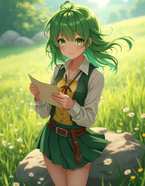 ((Super detailed, ultra hd, 8k, best quality, masterpiece, ultra realistic, perfect face, detailed eye, beautiful hands)) Anime girl, Green Hair, Green Eyes, Adventurer cloth, Short hair, Holding a paper, (Meadow, Day, Standing on a Rock) ((close up angle)...