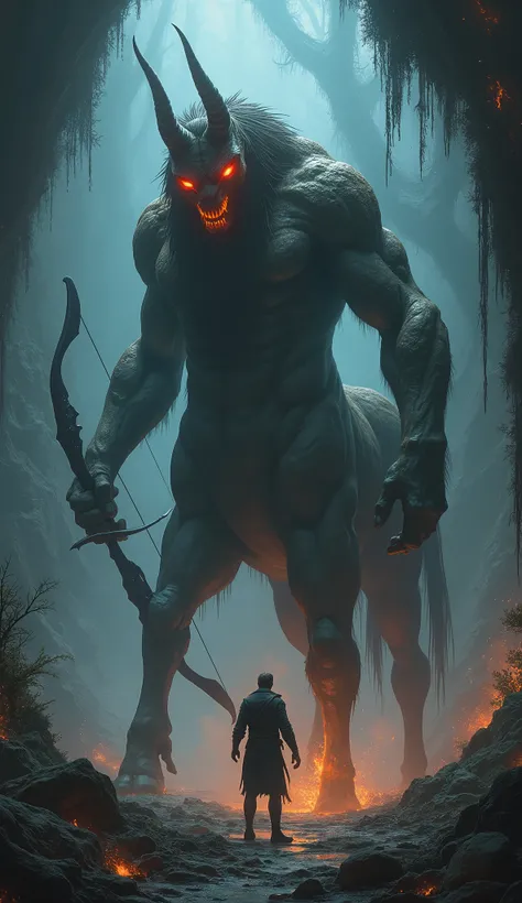 "An ultra-realistic image of a huge, imposing centaur-like creature, half human and half horse, wielding a bow and arrow, towering over a man in plain, slightly worn clothing. The creature has glowing, blazing red eyes with intricate detailing. Its skin is...