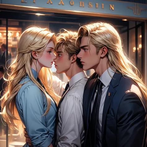 Two blond guys are kissing,  one has long hair, tanned skin and vintage clothes, The other has short hair and a bodyguards business suit 