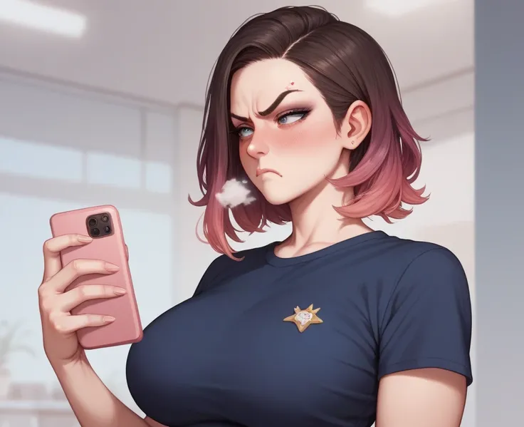 A spunky alternative fashioned woman, holding a cellphone, she looks annoyed, Anatomically Correct, Masterpiece, High Resolution, Medium Hair, Gradient Hair, Large breasts, Blush, Closed Mouth, Makeup, Angry, Heavy Breathing, Pout, Furrowed Brow, 