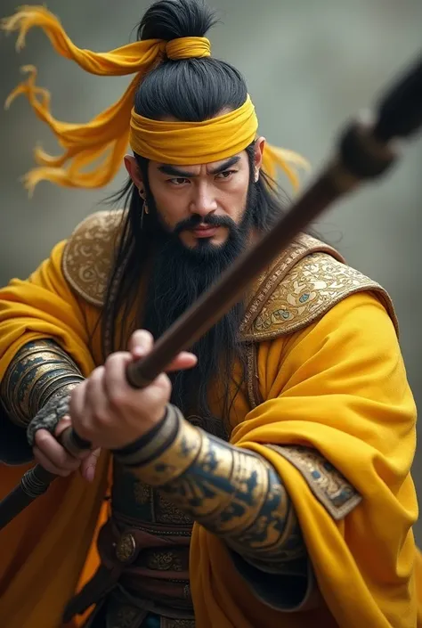  There was a general in the Three Kingdoms period ,He is an adult male of the Yellow Genus,Chin Contour Beard, with a yellow headband , wearing a Handian armor , double-handed spear pointing forward ,Close-up needed 