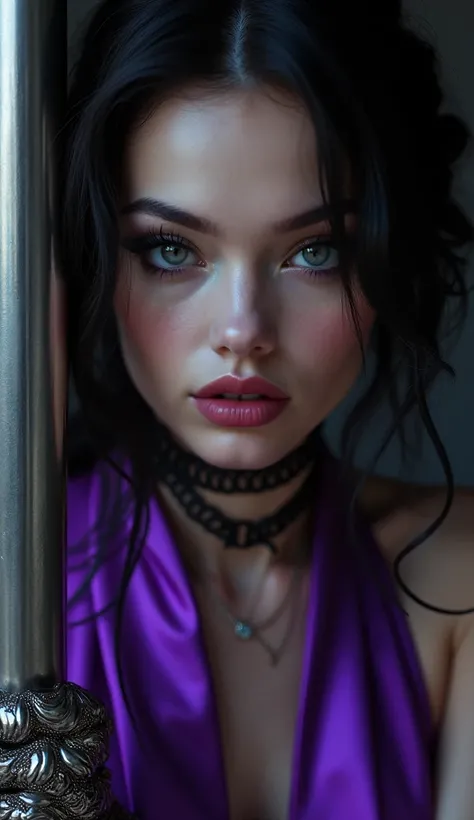 a brave naughty girl in purple satin metallic clouthing, beautiful detailed eyes, beautiful detailed lips, extremely detailed eyes and face, long eyelashes, metal bar, metal cuffs around wrists and neck, dark fantasy, cinematic lighting, dramatic shadows, ...