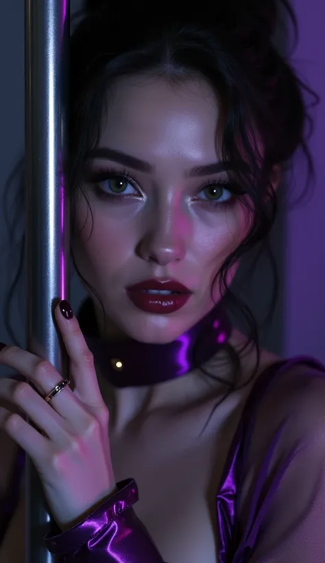 a brave naughty girl in purple satin metallic clouthing, beautiful detailed eyes, beautiful detailed lips, extremely detailed eyes and face, long eyelashes, metal bar, metal cuffs around wrists and neck, dark fantasy, cinematic lighting, dramatic shadows, ...