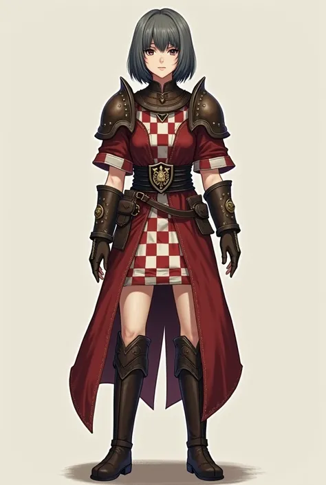 Describe the appearance of a militia girl with dark gray hair and a square hairstyle in light militia armor from the game Gothic 2. Her face looks quite simple, not perfect beauty and round eyes. She is wearing a tunic with large red and white knee-length ...