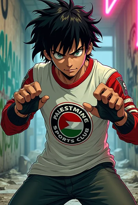 Denji de Chaijsaw man wearing a Palestinian sports club t-shirt