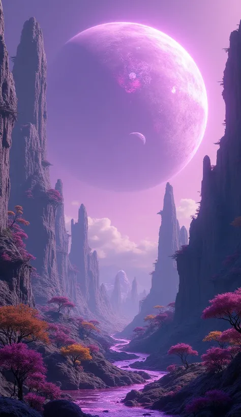 Alien landscapes against a background of a purple planet 