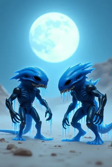 I would like two  monstruos creatures in royal blue color. They are small, covered by armor that drips a fluorescent blue liquid. They have empty black eyes, long teeth, and long tails. Their arms are bent like XLR8s, making them fast, with black details.....