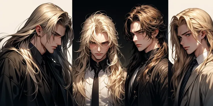  Three blonde guys, conflict, one of them with long hair is crying. of different heights. The picture is divided into frames. 